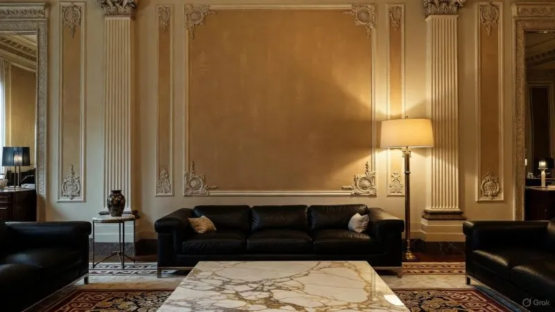 Сочетание черного кожаного дивана с античным декором